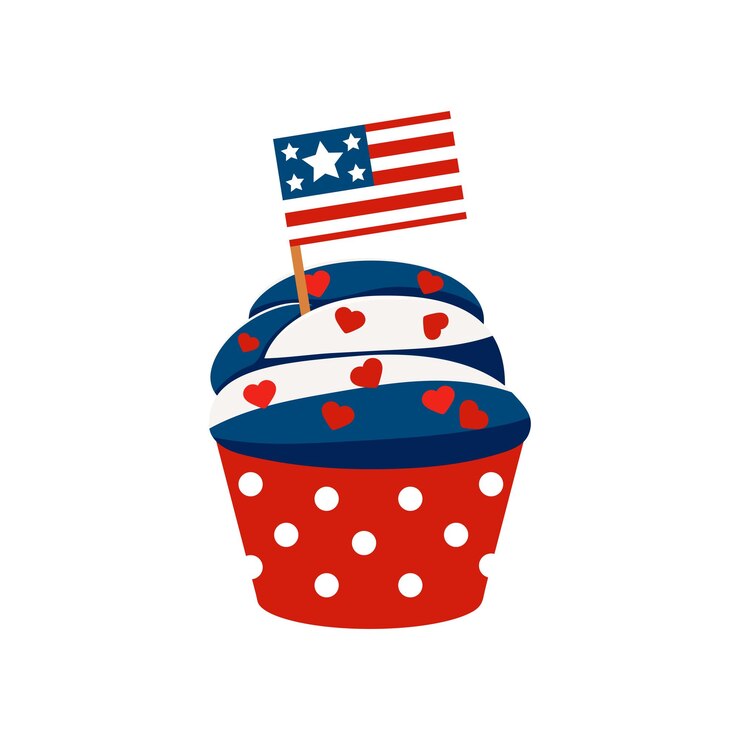 Vetor 4 de julho cupcake doces comida com bandeira americana eua feliz dia da independência muffin de confeiteiro com bandeira azul e vermelha design plano ilustração de clip-art de comida de vetor de sobremesa de férias de desenho animado