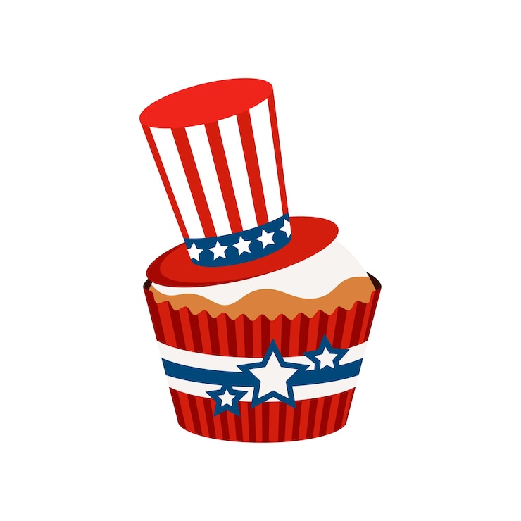 Vetor 4 de julho cupcake patriótico comida de doces com chapéu