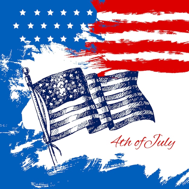 4 de julho de fundo com a bandeira americana. projeto de esboço desenhado à mão vintage para o dia da independência