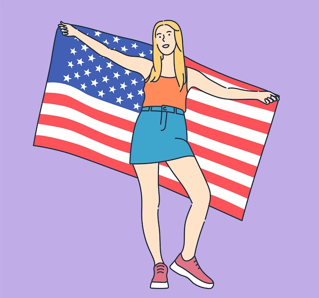 Vetor 4 de julho, dia da independência, liberdade, democracia jovem mulher feliz e animada segurando uma grande bandeira dos eua e comemorando ilustração vetorial plana