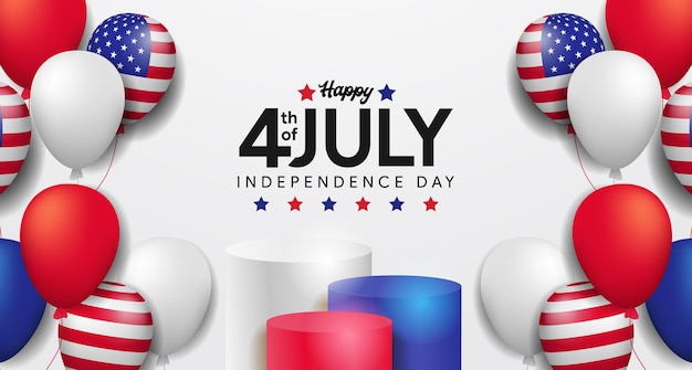 4 de julho dos eua, cerimonial do dia da independência americana com exibição de produto no pódio e modelo de banner de celebração de festa em balão colorido
