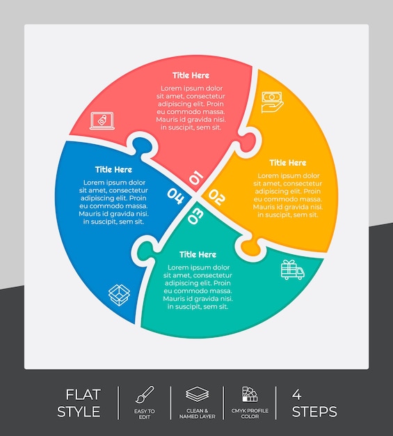 Vetor 4 etapas de design de vetor infográfico plano com conceito de quebra-cabeça para marketing infográfico de processo pode ser usado para apresentação e negócios