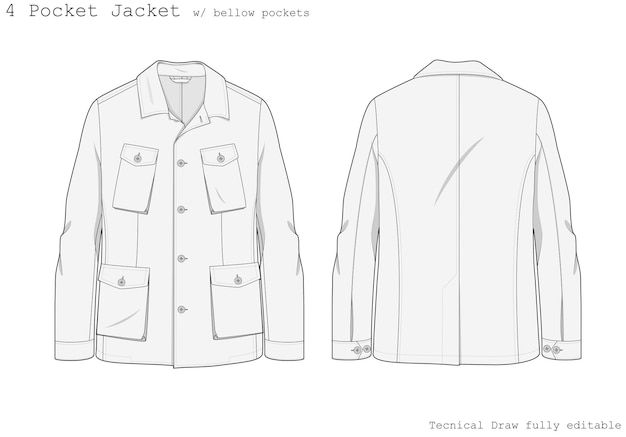 4 pocket jacket_ um desenho técnico de uma jaqueta com vista interna