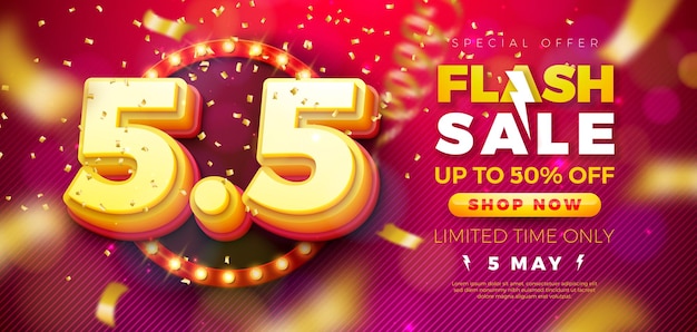 5 de Maio - Dia das Compras - Desenho de venda flash com 3d 5 5 número de lâmpada de publicidade e confete caindo em