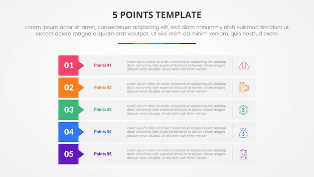 Vetor 5 pontos modelo de estágio conceito infográfico para apresentação de slides com retângulo pilha callout cabeçalho de crachá com lista de 5 pontos com vetor de estilo plano