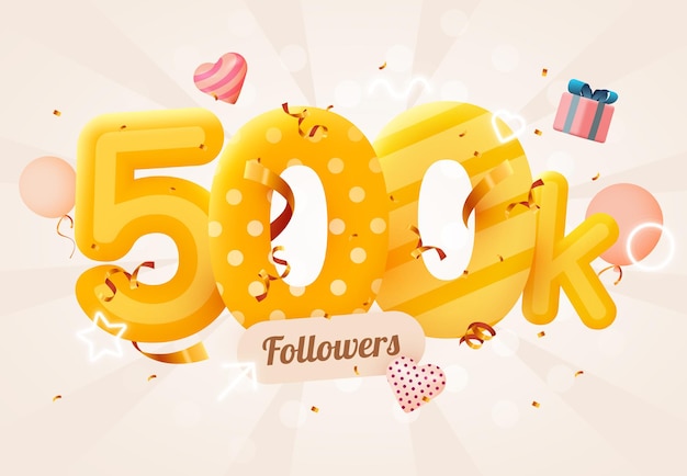 500k ou 500000 seguidores obrigado coração rosa, confete dourado e letreiros de néon.