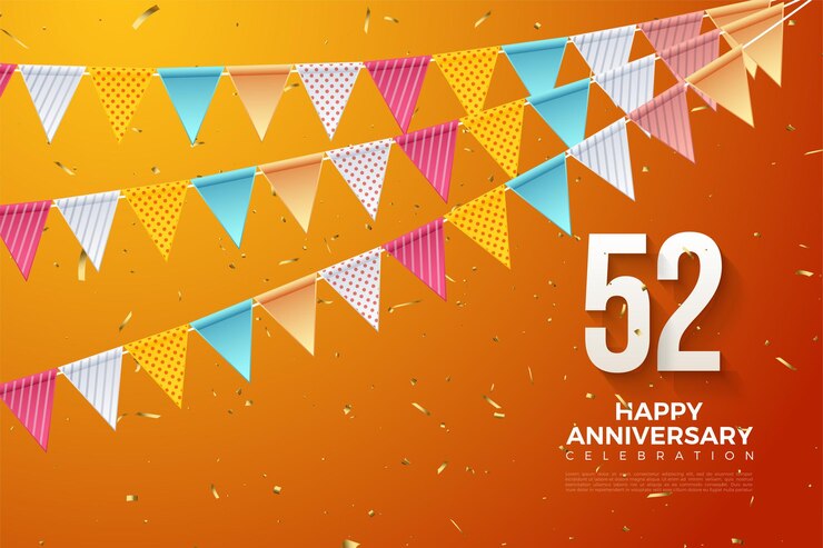 Vetor 52º aniversário com números e fileiras de bandeiras