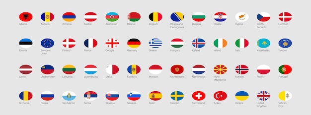 Vetor 52 bandeiras de países europeus em forma elipse europa bandeira ícone conjunto plano elemento design vetor ilustração isolada