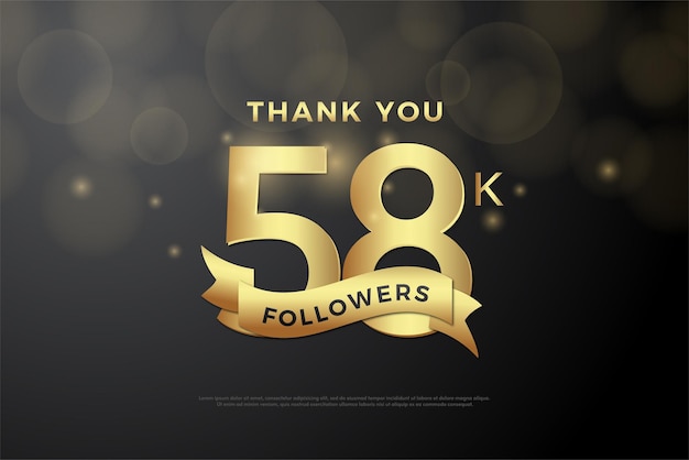 58k seguidores com numeral de ouro e elegante design de banda de ouro vetor premium