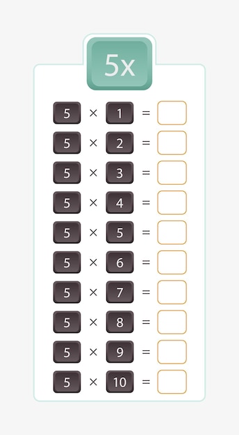 Vetor 5x multiplicação para praticar a tabuada sem respostas