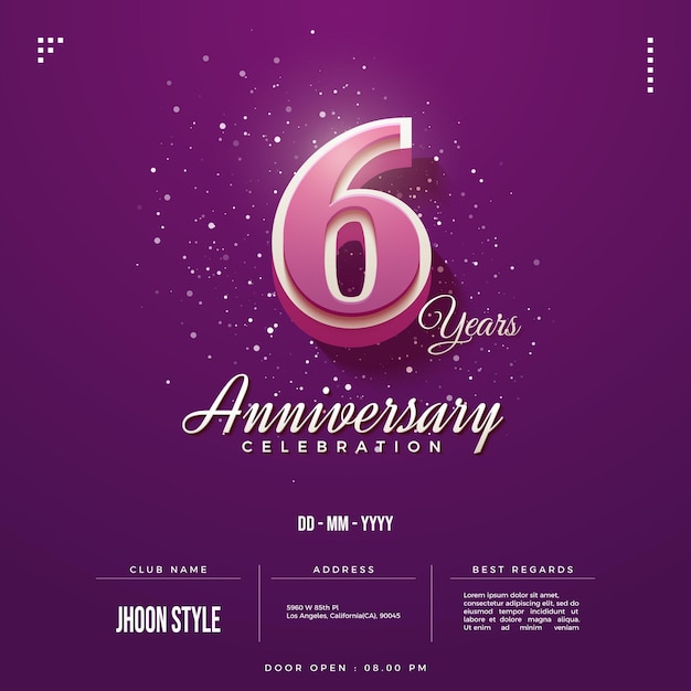 6º convite para festa de aniversário com números rosa em fundo roxo