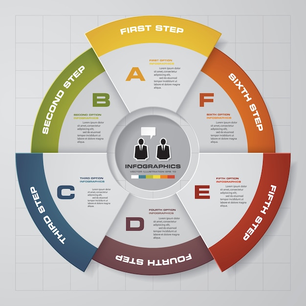Vetor 6 passos moderno infográficos elementos do gráfico de pizza.