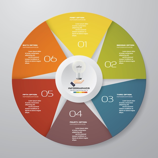 6 passos moderno infográficos elementos do gráfico de pizza.