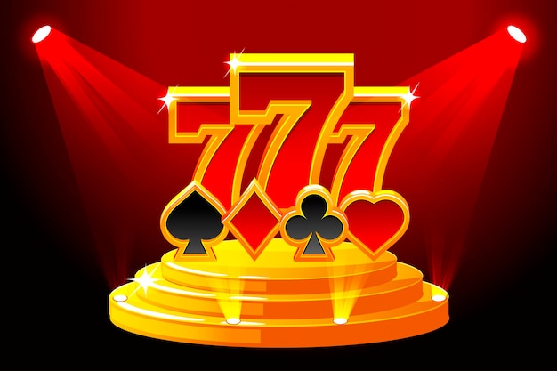 777 e símbolos de cartas de jogar no pódio do palco. ilustração vetorial para casino, slots, roleta e interface do usuário do jogo. ícones em camadas separadas.