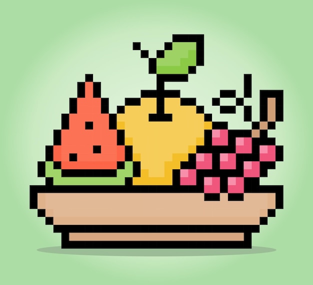 8 bit pixels comida saudável em uma tigela frutas isoladas alimentos vegetarianos em ilustrações vetoriais