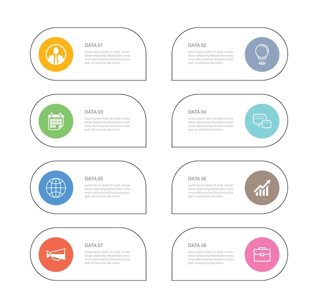 8 dados infográficos guia modelo de índice de linha fina de papel.