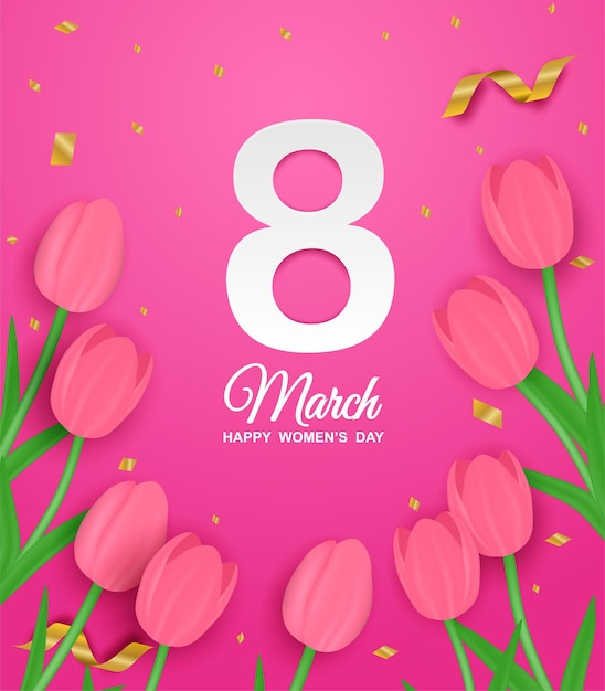 8 de março Feliz Dia da Mulher Desenho com tulipas em fundo rosa Vector