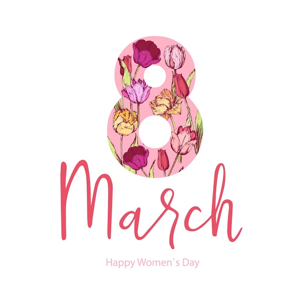 8 de março. Feliz Dia das Mães da Mulher. Cartão Floral. Desenhado à mão. Ilustração vetorial