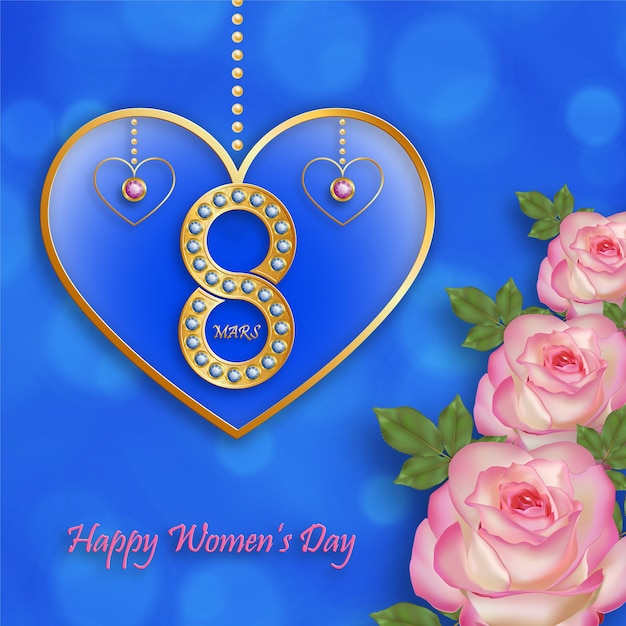 8 de março feliz ilustração do dia internacional da mulher, com perl de ouro e cristais em fundo de cor para cartão de saudação, banner, web