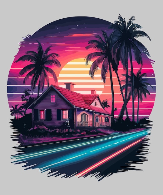 Vetor 80s sunset vibes retro t-shirt desenho