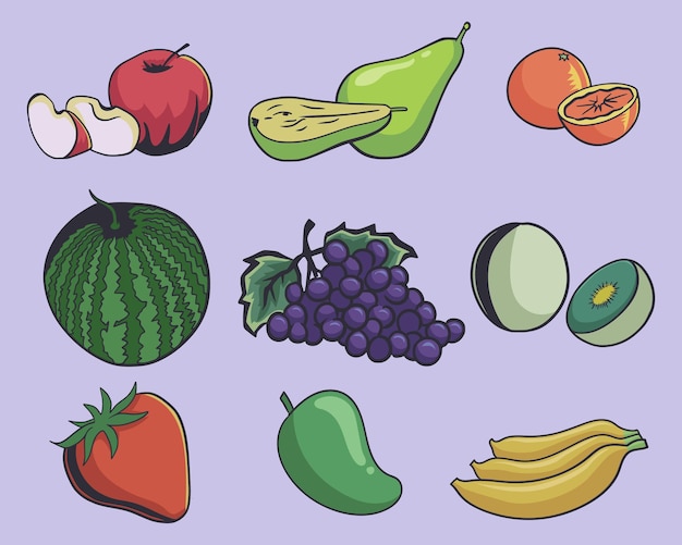 9 conjunto de frutas ilustração vetorial de maçã abacate laranja melão melancia uvas morango