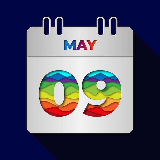 Vetor 9 de maio calendário de data plana corte de papel mínimo ilustração de design de estilo artístico