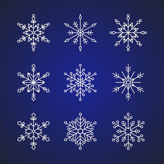 9 flocos de neve design de estilo plano ilustração vetorial definir sinais de ícone isolados em gradiente azul escuro