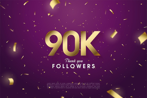 90k seguidores com números e papel dourado em fundo roxo.