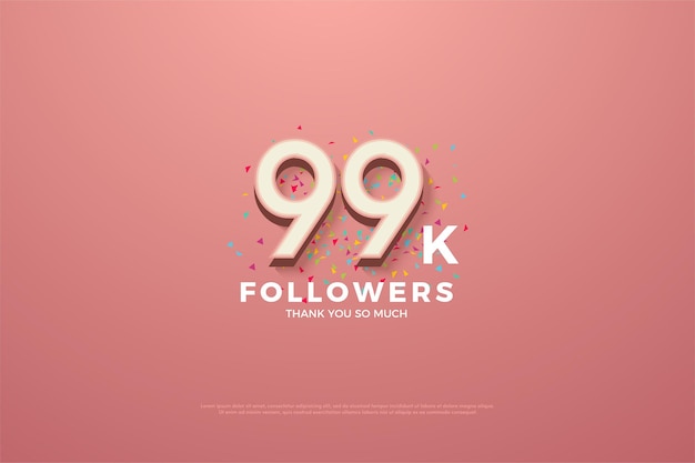 99 mil seguidores com números e respingos de recorte de fita colorida