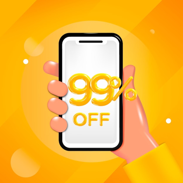 99 ou noventa e nove por cento de desconto no design. mão segurando um celular com uma mensagem de oferta.