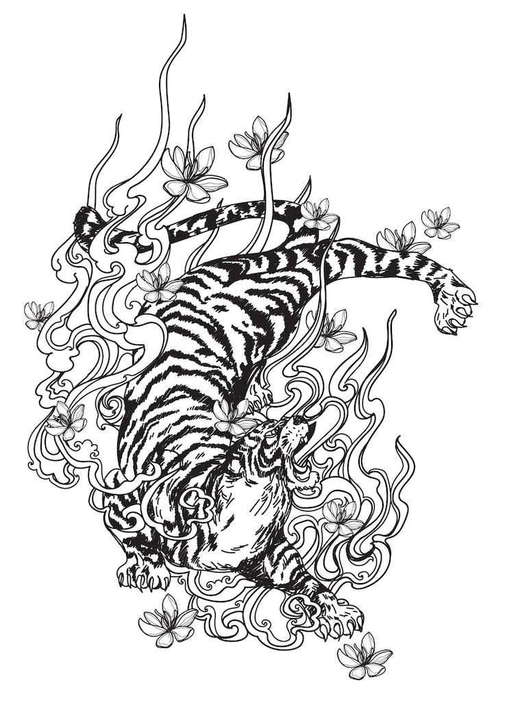 Vetor a arte da tatuagem do tigre e das flores desenhando à mão e esboçando em preto e branco
