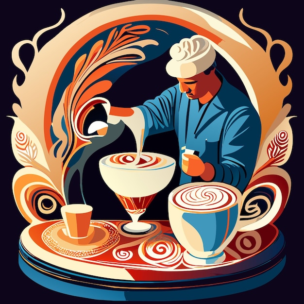 Vetor a arte do barista criando um café com leite complexo