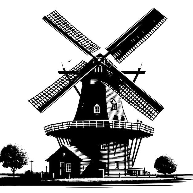 Vetor a black and white image of a windmill with trees in the background