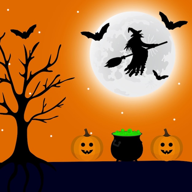 A bruxa voa à noite no halloween e uma poção e uma lanterna de abóbora estão próximas ilustração vetorial