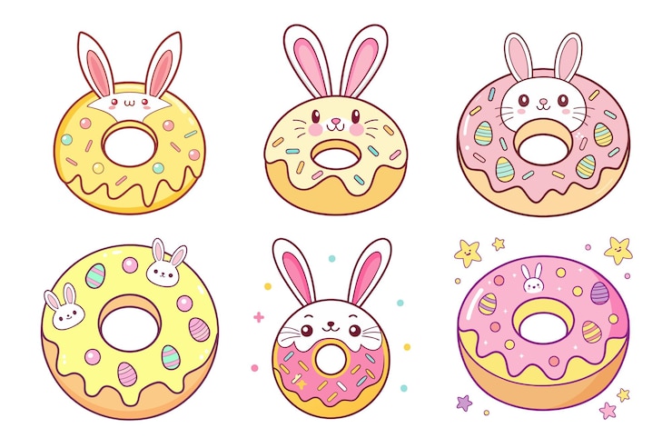 Vetor a bundle of cute easter donuts ilustração de desenho animado vetorial do dia de páscoa