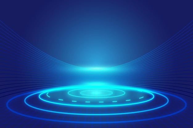 A cabine luminosa circular moderna azul exibe o fundo do espaço de exposição