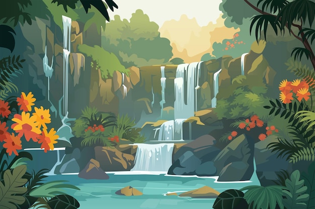 Vetor a cachoeira de fundo o fluxo gracioso da água capturado em uma ilustração cativante