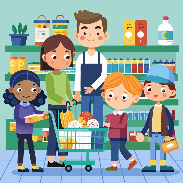 Vetor a cena ocupada do supermercado as pessoas fazem compras em um mercado moderno
