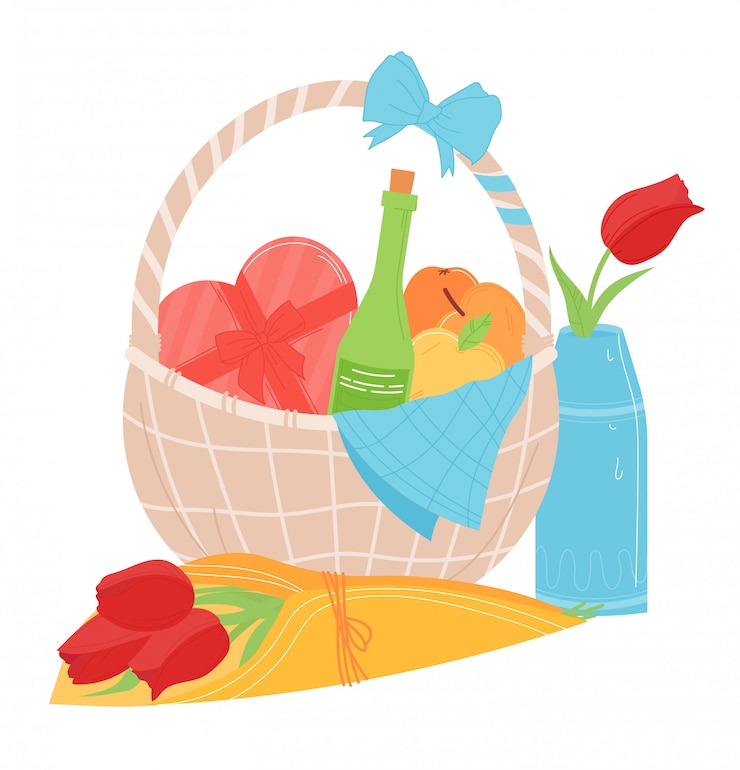 Vetor a cesta atual bonita do presente do alimento, o amante traz a caixa dos doces da forma do coração e a flor do ramalhete isoladas no branco, ilustração dos desenhos animados.