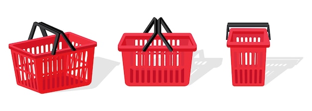 Vetor a cesta para produtos é ilustração vetorial vermelha de uma cesta vermelha de supermercado em diferentes ângulos