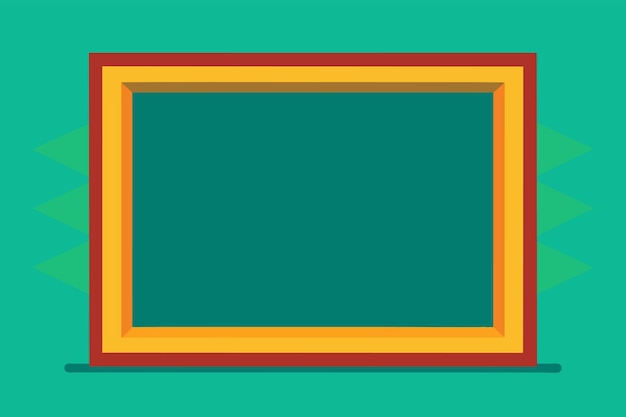 Vetor a chalkboard with a green center orange and yellow frame and a black base on a teal background with a sunburst pattern