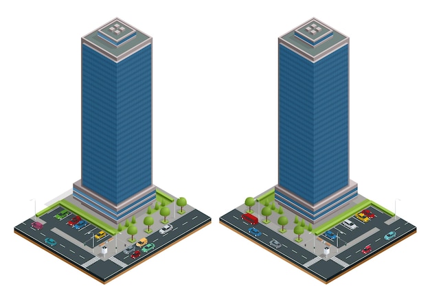 A cidade isométrica abriga a composição com ilustração vetorial de construção e estrada isolada. coleção de arquitetura de elementos urbanos, casa, estrada, cruzamento, semáforo e carros.