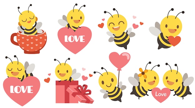 A coleção de abelha fofa com coração para o dia dos namorados
