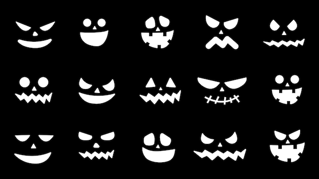 A coleção de abóbora de halloween enfrenta ícones. fantasma de rostos assustadores. sorriso assustador de abóbora ou vampiro assustado. design para o feriado de halloween. ilustração vetorial.