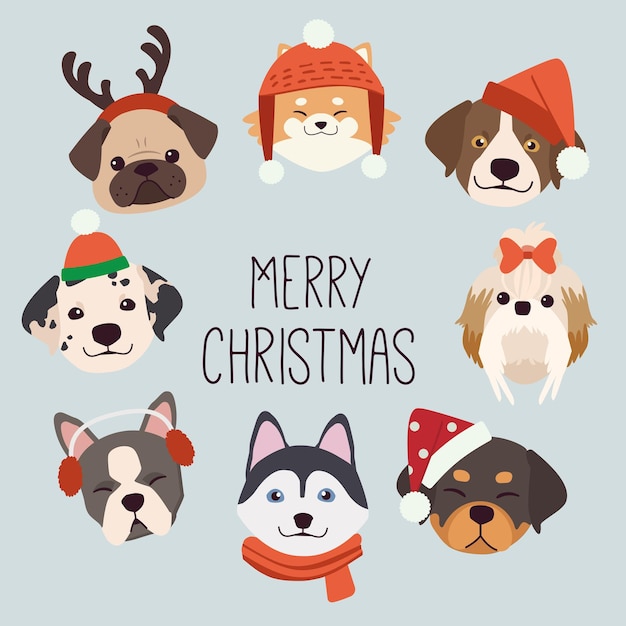 A coleção de banners de cachorro fofo com natal e acessório de inverno em estilo vetorial plano.