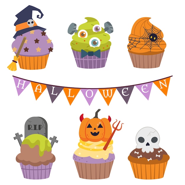 A coleção de cupcake de halloween, ilustrações sobre a festa de halloween