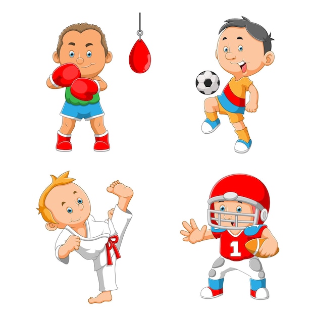 A coleção de menino praticando vários esportes de ilustração