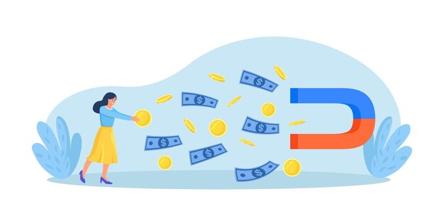 A coleta de dívidas Imã atraindo dinheiro do personagem feminino Perda de dinheiro Dívidas financeiras Crise econômica Demanda de empréstimo financeiro do mutuário Mulher de negócios leva dinheiro do devedor