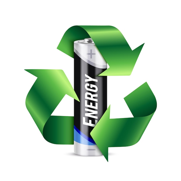 Vetor a composição realista de eco energy demonstrou bateria com símbolo de reciclagem verde na ilustração vetorial de fundo branco