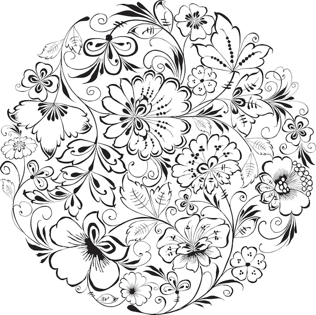 A composição redonda das flores desenhadas decorativas